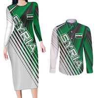 Modern Syria Flag Couples Matching Long Sleeve Bodycon Dress and Long Sleeve Button Shirt with Green and Black Diagonal Stripe Design