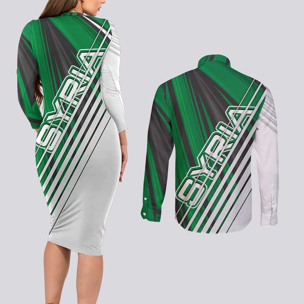 Modern Syria Flag Couples Matching Long Sleeve Bodycon Dress and Long Sleeve Button Shirt with Green and Black Diagonal Stripe Design