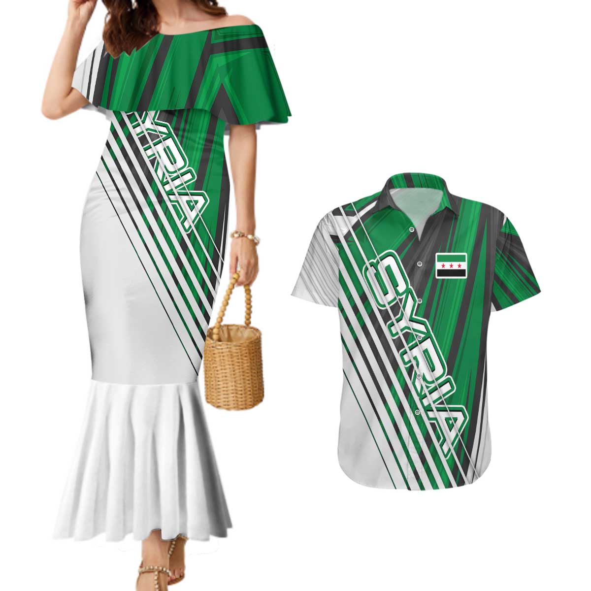 Modern Syria Flag Couples Matching Mermaid Dress and Hawaiian Shirt with Green and Black Diagonal Stripe Design
