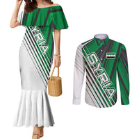 Modern Syria Flag Couples Matching Mermaid Dress and Long Sleeve Button Shirt with Green and Black Diagonal Stripe Design