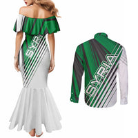 Modern Syria Flag Couples Matching Mermaid Dress and Long Sleeve Button Shirt with Green and Black Diagonal Stripe Design