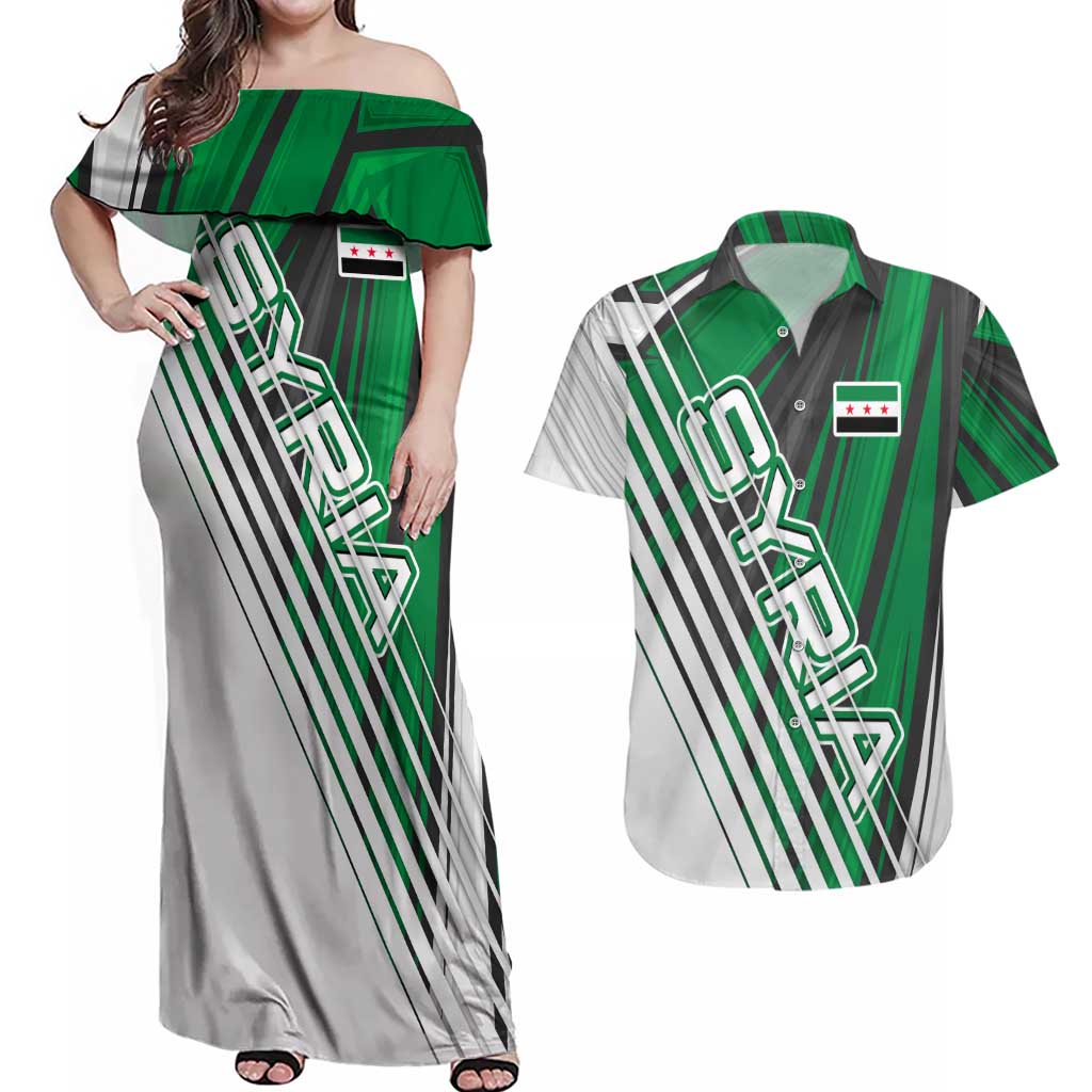 Modern Syria Flag Couples Matching Off Shoulder Maxi Dress and Hawaiian Shirt with Green and Black Diagonal Stripe Design
