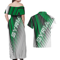 Modern Syria Flag Couples Matching Off Shoulder Maxi Dress and Hawaiian Shirt with Green and Black Diagonal Stripe Design
