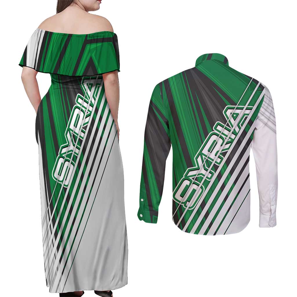 Modern Syria Flag Couples Matching Off Shoulder Maxi Dress and Long Sleeve Button Shirt with Green and Black Diagonal Stripe Design