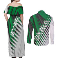 Modern Syria Flag Couples Matching Off Shoulder Maxi Dress and Long Sleeve Button Shirt with Green and Black Diagonal Stripe Design