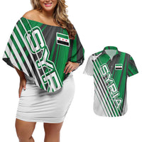 Modern Syria Flag Couples Matching Off Shoulder Short Dress and Hawaiian Shirt with Green and Black Diagonal Stripe Design