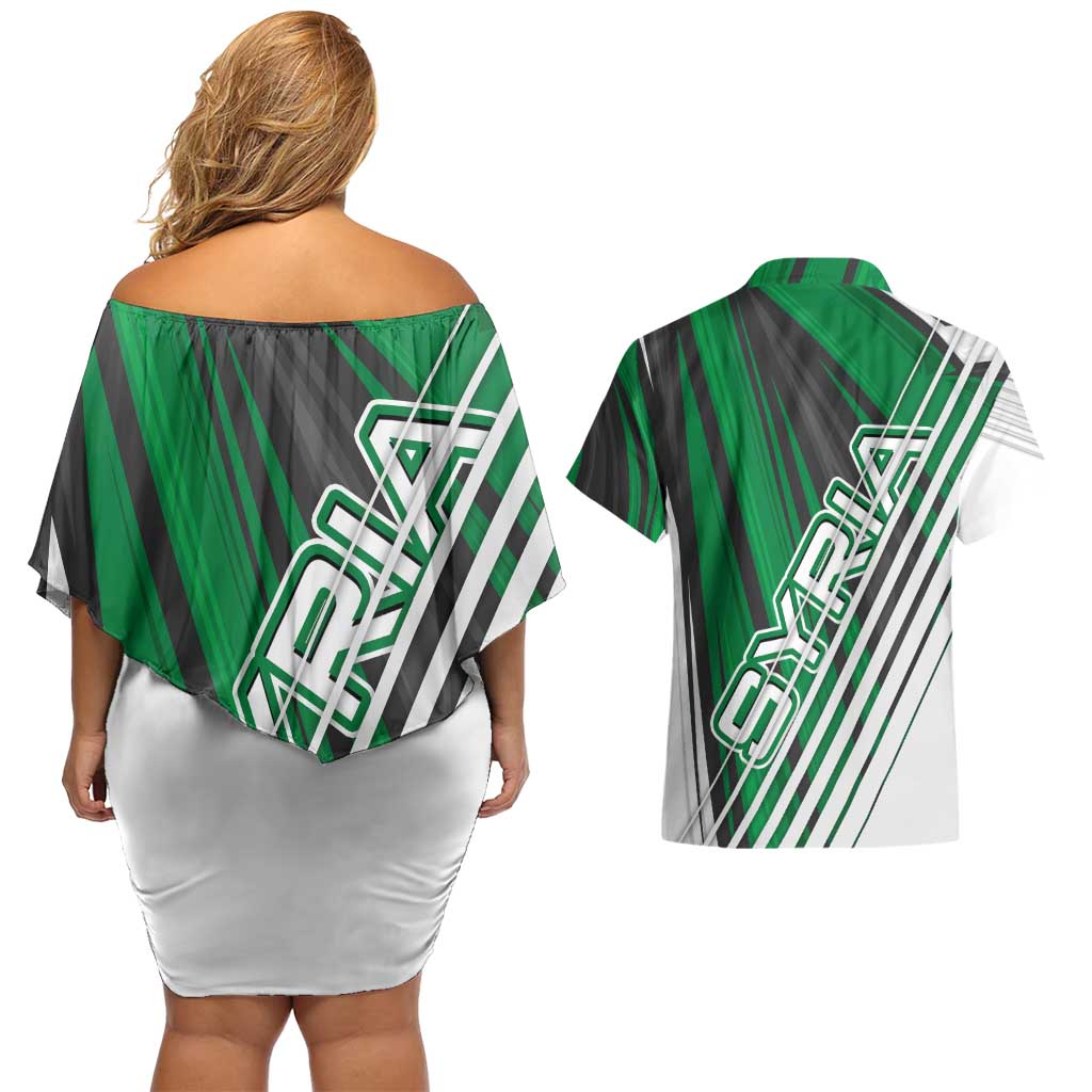 Modern Syria Flag Couples Matching Off Shoulder Short Dress and Hawaiian Shirt with Green and Black Diagonal Stripe Design