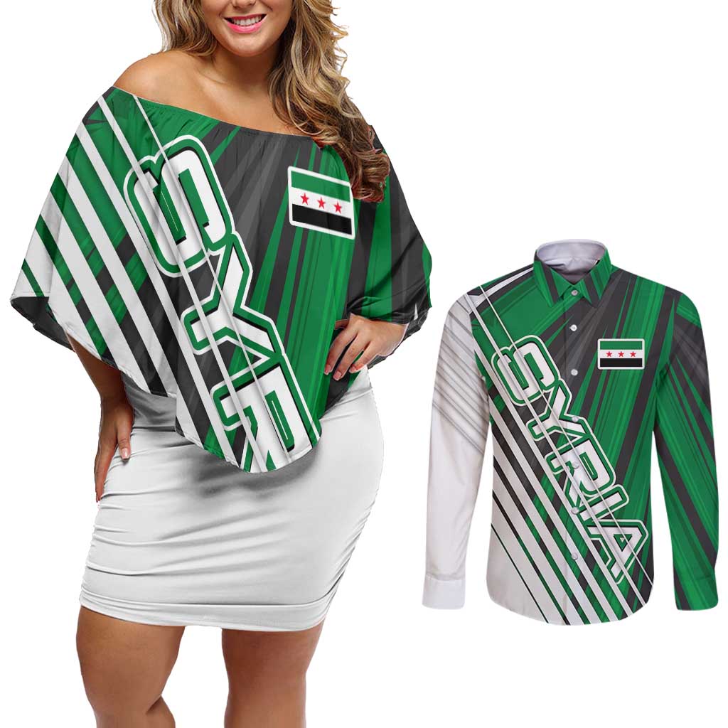 Modern Syria Flag Couples Matching Off Shoulder Short Dress and Long Sleeve Button Shirt with Green and Black Diagonal Stripe Design