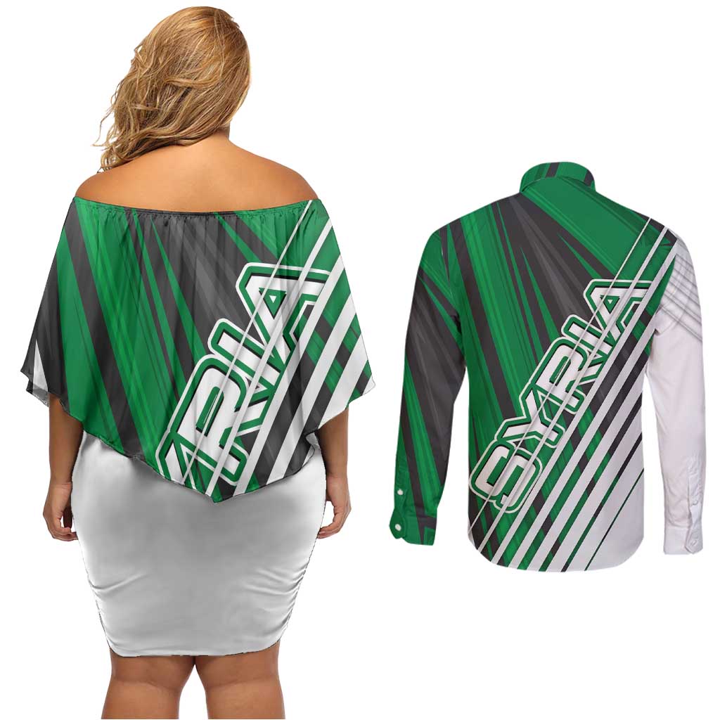 Modern Syria Flag Couples Matching Off Shoulder Short Dress and Long Sleeve Button Shirt with Green and Black Diagonal Stripe Design