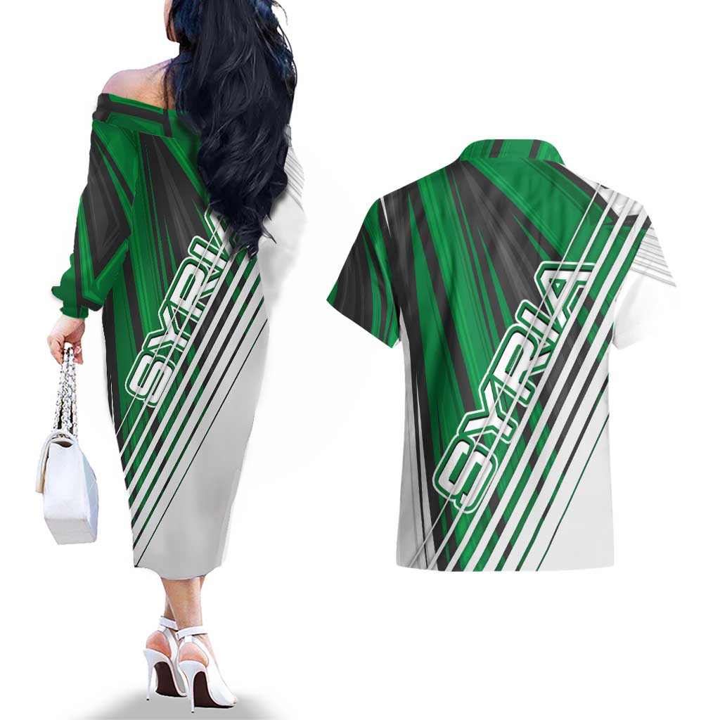 Modern Syria Flag Couples Matching Off The Shoulder Long Sleeve Dress and Hawaiian Shirt with Green and Black Diagonal Stripe Design