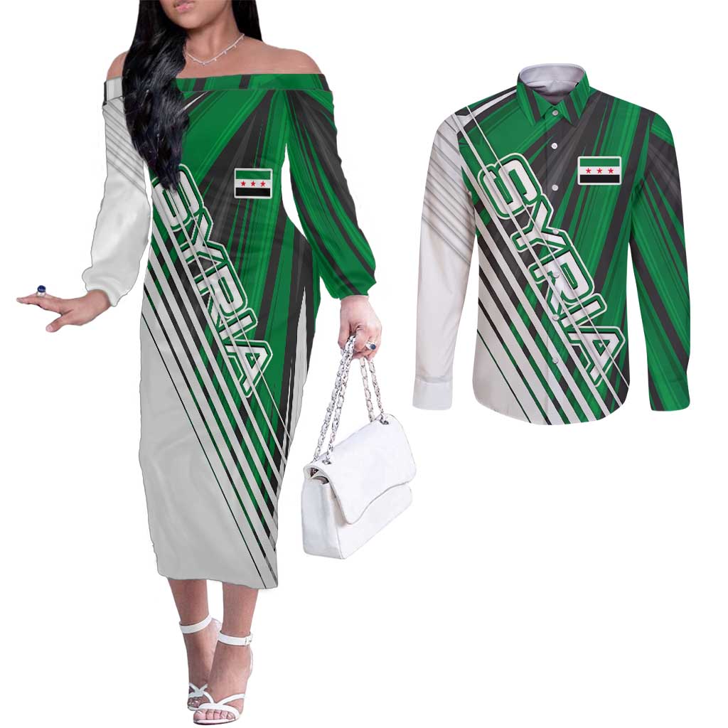 Modern Syria Flag Couples Matching Off The Shoulder Long Sleeve Dress and Long Sleeve Button Shirt with Green and Black Diagonal Stripe Design