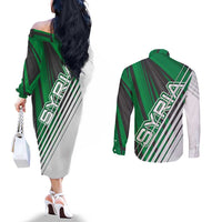 Modern Syria Flag Couples Matching Off The Shoulder Long Sleeve Dress and Long Sleeve Button Shirt with Green and Black Diagonal Stripe Design