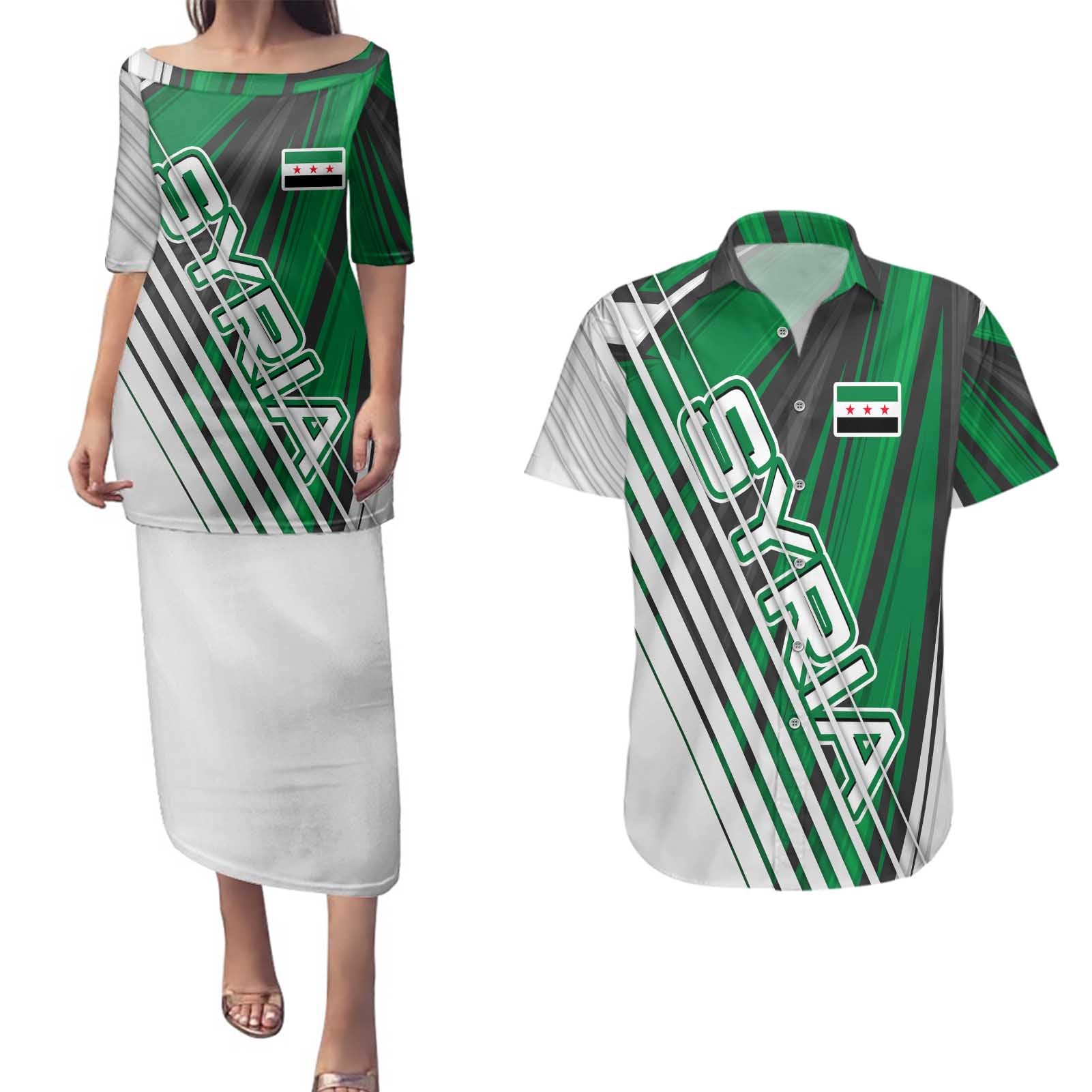 Modern Syria Flag Couples Matching Puletasi and Hawaiian Shirt with Green and Black Diagonal Stripe Design