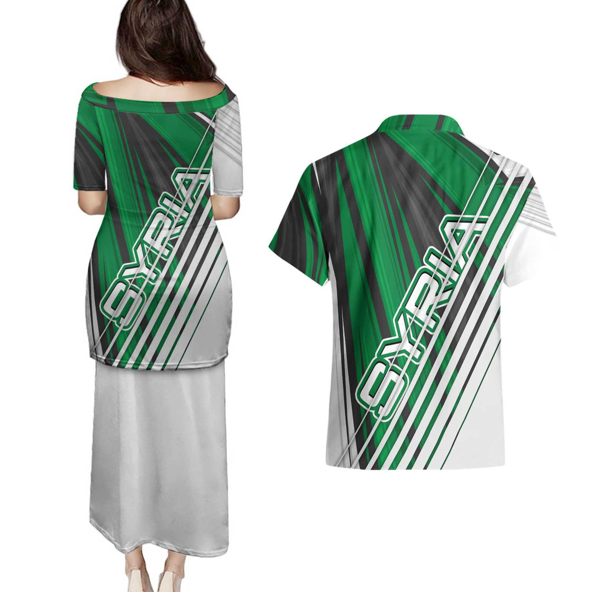 Modern Syria Flag Couples Matching Puletasi and Hawaiian Shirt with Green and Black Diagonal Stripe Design