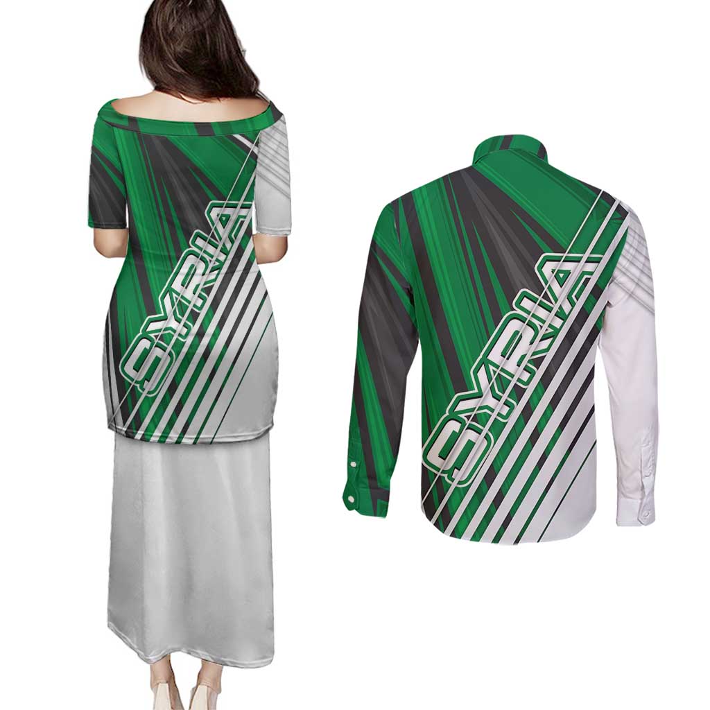 Modern Syria Flag Couples Matching Puletasi and Long Sleeve Button Shirt with Green and Black Diagonal Stripe Design