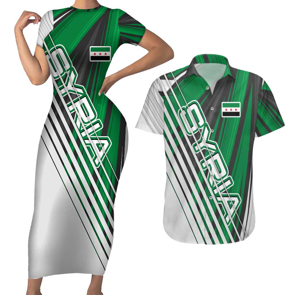 Modern Syria Flag Couples Matching Short Sleeve Bodycon Dress and Hawaiian Shirt with Green and Black Diagonal Stripe Design
