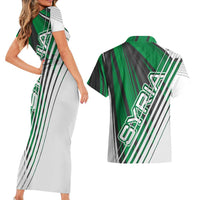 Modern Syria Flag Couples Matching Short Sleeve Bodycon Dress and Hawaiian Shirt with Green and Black Diagonal Stripe Design