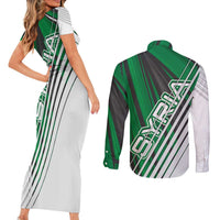 Modern Syria Flag Couples Matching Short Sleeve Bodycon Dress and Long Sleeve Button Shirt with Green and Black Diagonal Stripe Design