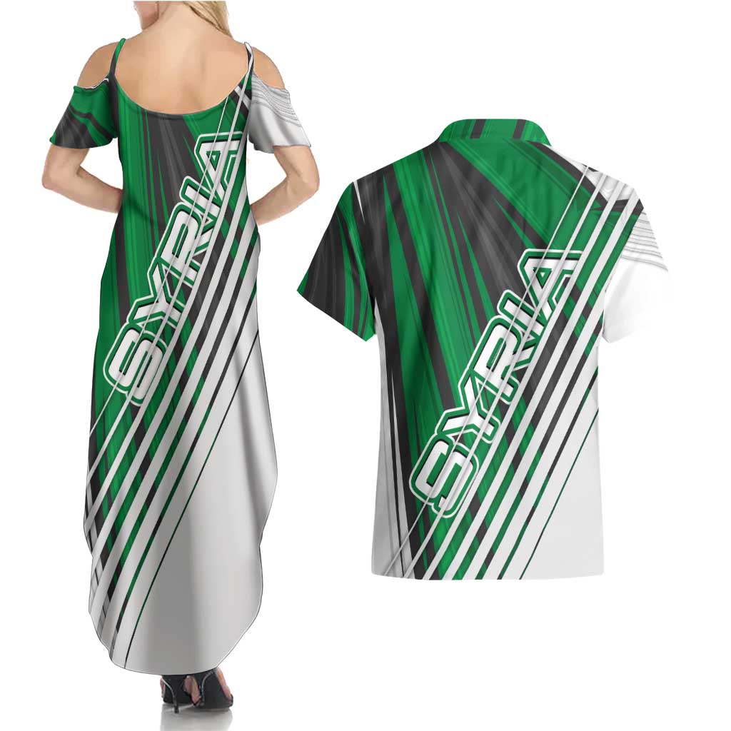 Modern Syria Flag Couples Matching Summer Maxi Dress and Hawaiian Shirt with Green and Black Diagonal Stripe Design