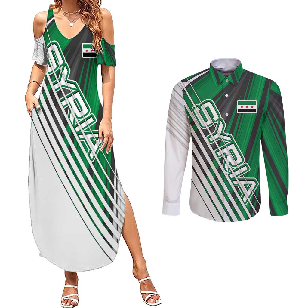 Modern Syria Flag Couples Matching Summer Maxi Dress and Long Sleeve Button Shirt with Green and Black Diagonal Stripe Design
