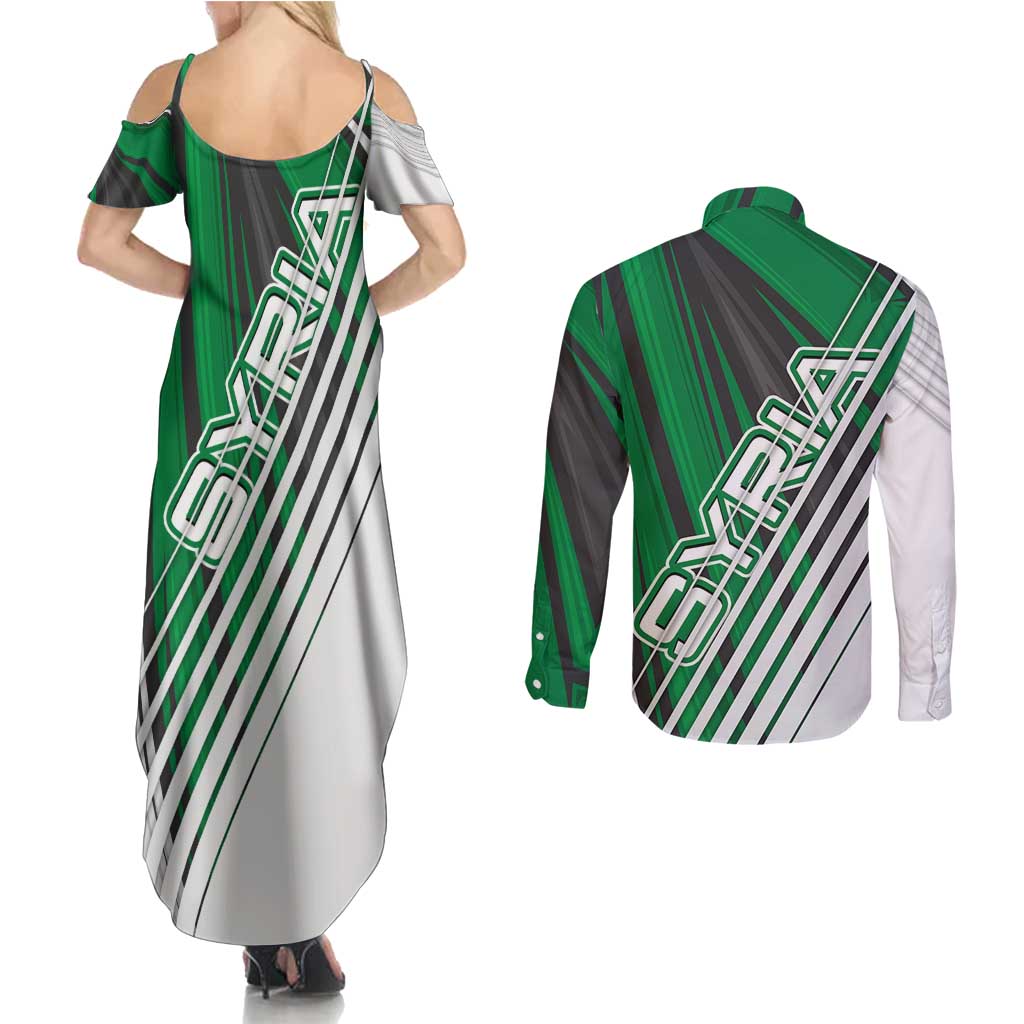 Modern Syria Flag Couples Matching Summer Maxi Dress and Long Sleeve Button Shirt with Green and Black Diagonal Stripe Design