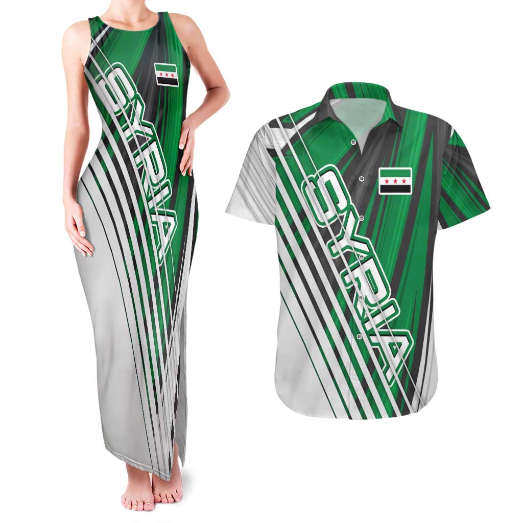 Modern Syria Flag Couples Matching Tank Maxi Dress and Hawaiian Shirt with Green and Black Diagonal Stripe Design