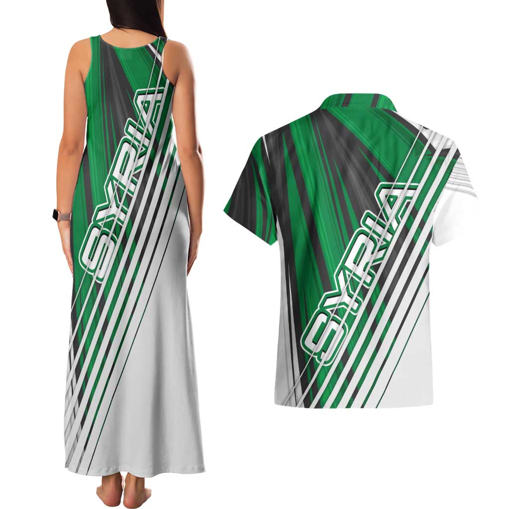 Modern Syria Flag Couples Matching Tank Maxi Dress and Hawaiian Shirt with Green and Black Diagonal Stripe Design