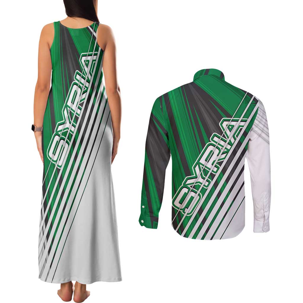 Modern Syria Flag Couples Matching Tank Maxi Dress and Long Sleeve Button Shirt with Green and Black Diagonal Stripe Design