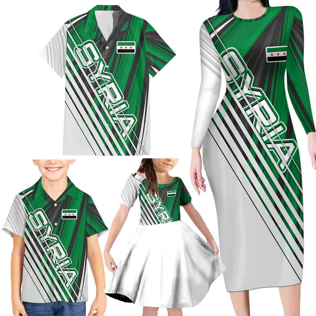 Modern Syria Flag Family Matching Long Sleeve Bodycon Dress and Hawaiian Shirt with Green and Black Diagonal Stripe Design