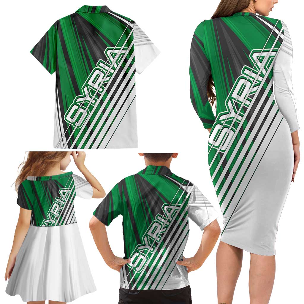 Modern Syria Flag Family Matching Long Sleeve Bodycon Dress and Hawaiian Shirt with Green and Black Diagonal Stripe Design