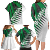 Modern Syria Flag Family Matching Long Sleeve Bodycon Dress and Hawaiian Shirt with Green and Black Diagonal Stripe Design