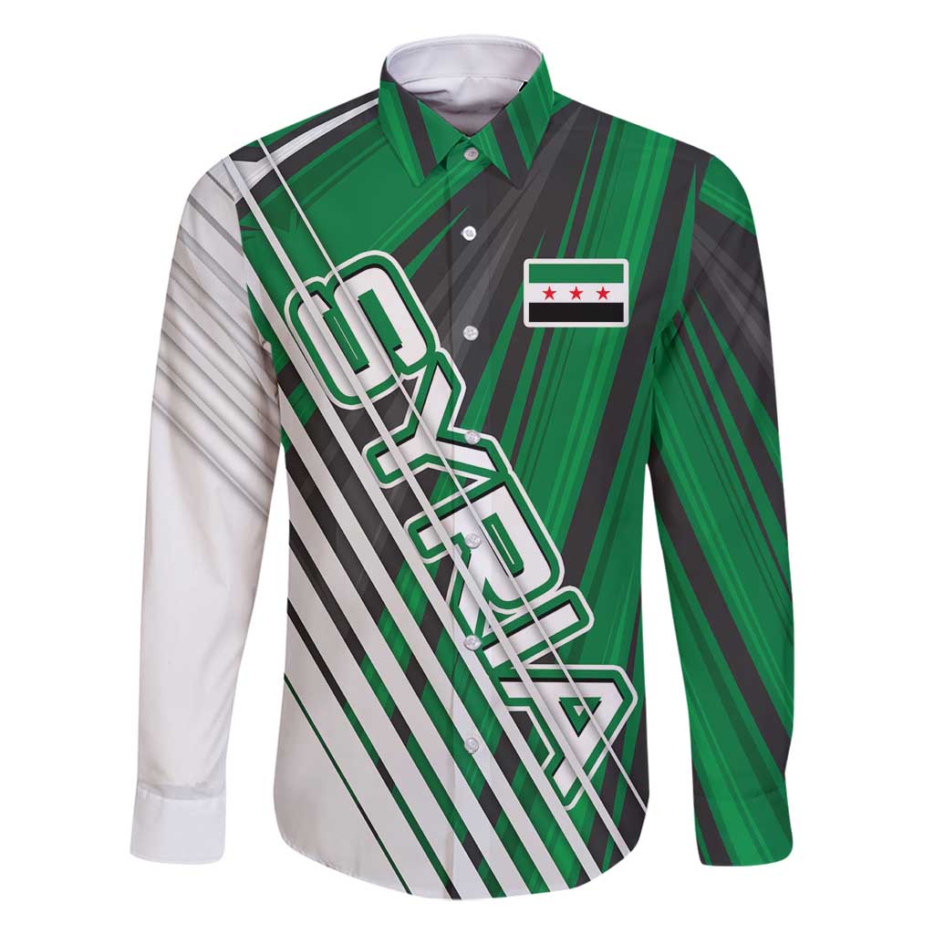 Modern Syria Flag Family Matching Long Sleeve Bodycon Dress and Hawaiian Shirt with Green and Black Diagonal Stripe Design