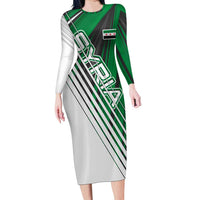 Modern Syria Flag Family Matching Long Sleeve Bodycon Dress and Hawaiian Shirt with Green and Black Diagonal Stripe Design