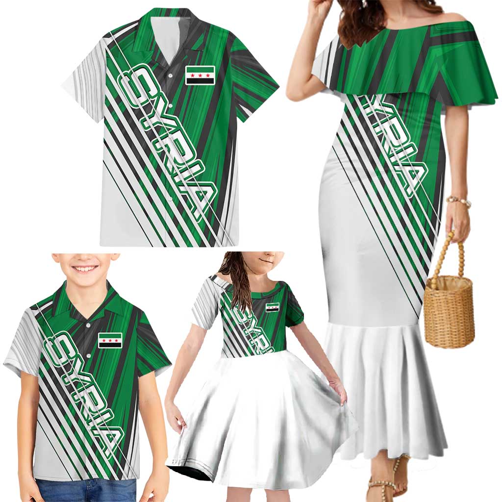 Modern Syria Flag Family Matching Mermaid Dress and Hawaiian Shirt with Green and Black Diagonal Stripe Design