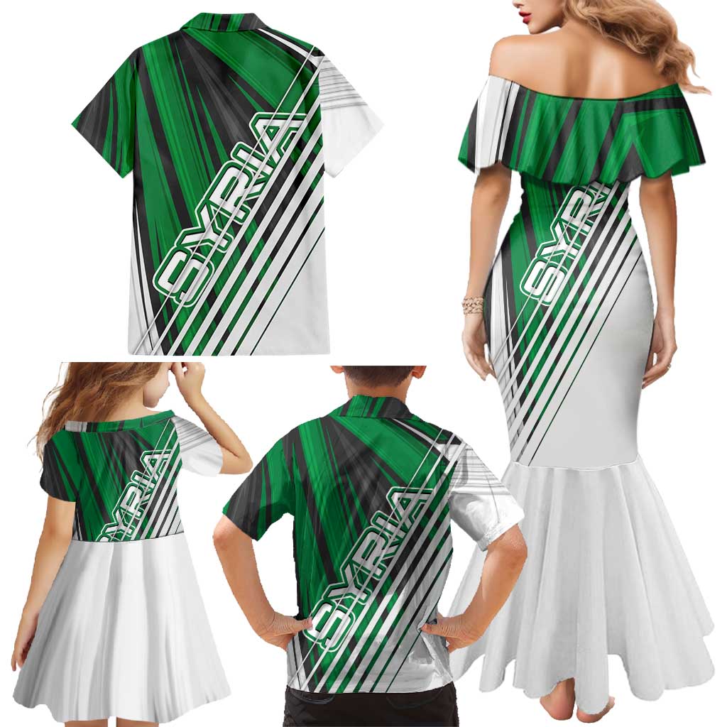 Modern Syria Flag Family Matching Mermaid Dress and Hawaiian Shirt with Green and Black Diagonal Stripe Design
