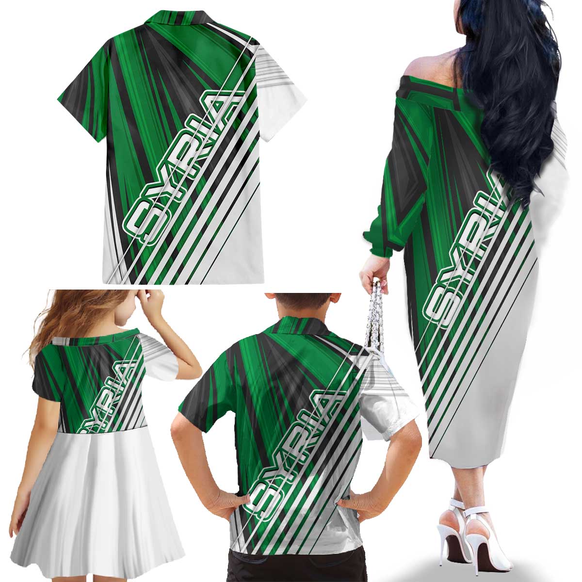 Modern Syria Flag Family Matching Off The Shoulder Long Sleeve Dress and Hawaiian Shirt with Green and Black Diagonal Stripe Design