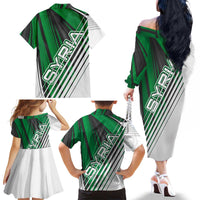Modern Syria Flag Family Matching Off The Shoulder Long Sleeve Dress and Hawaiian Shirt with Green and Black Diagonal Stripe Design