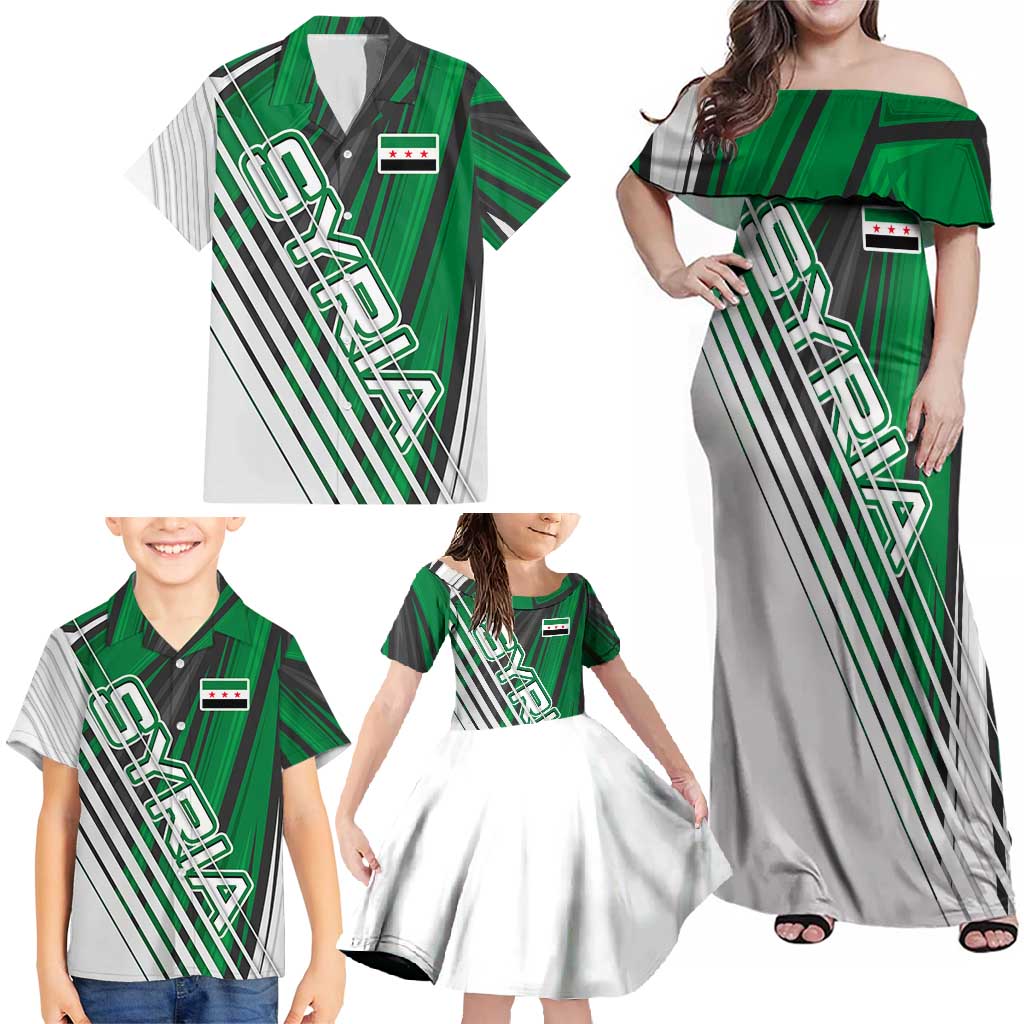 Modern Syria Flag Family Matching Off Shoulder Maxi Dress and Hawaiian Shirt with Green and Black Diagonal Stripe Design