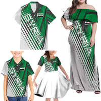 Modern Syria Flag Family Matching Off Shoulder Maxi Dress and Hawaiian Shirt with Green and Black Diagonal Stripe Design