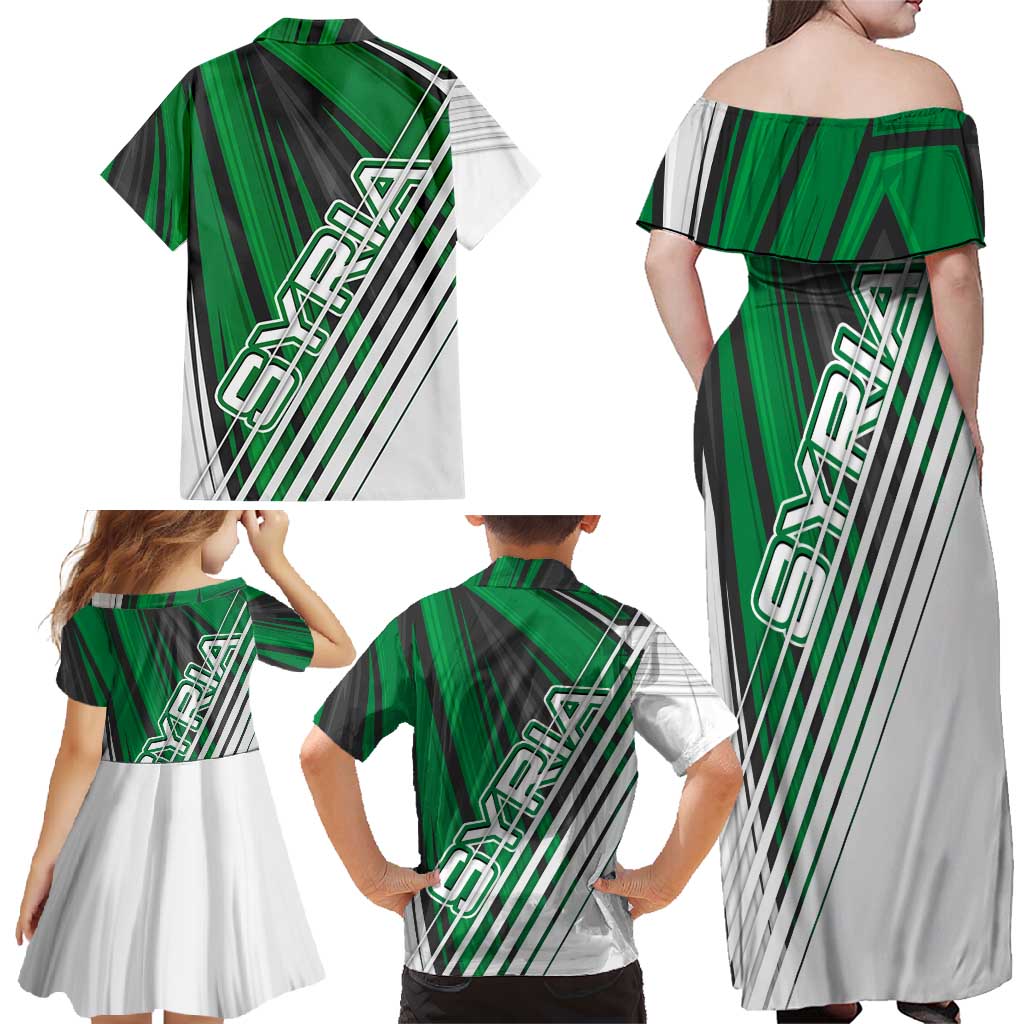 Modern Syria Flag Family Matching Off Shoulder Maxi Dress and Hawaiian Shirt with Green and Black Diagonal Stripe Design