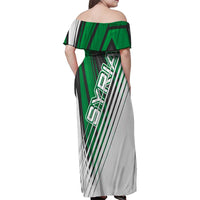 Modern Syria Flag Family Matching Off Shoulder Maxi Dress and Hawaiian Shirt with Green and Black Diagonal Stripe Design