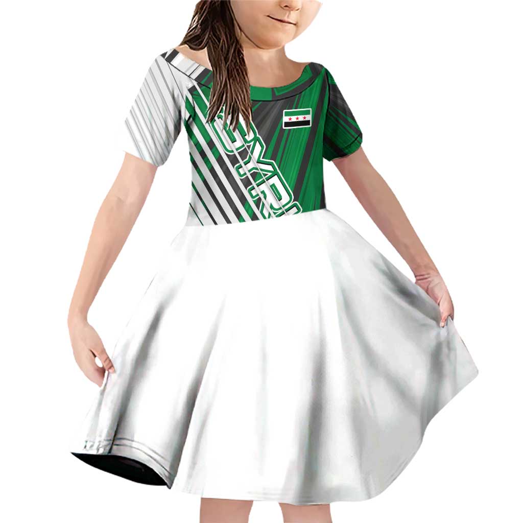 Modern Syria Flag Family Matching Off Shoulder Short Dress and Hawaiian Shirt with Green and Black Diagonal Stripe Design