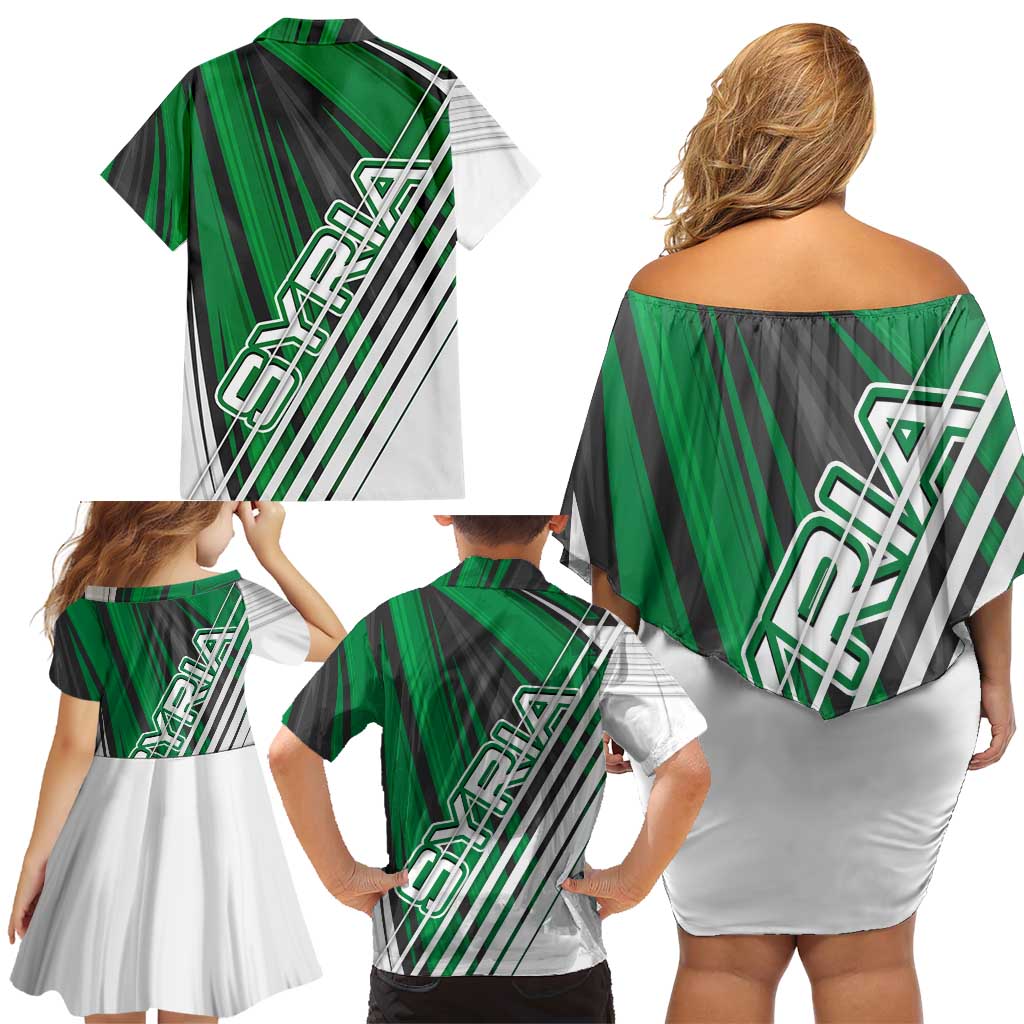 Modern Syria Flag Family Matching Off Shoulder Short Dress and Hawaiian Shirt with Green and Black Diagonal Stripe Design