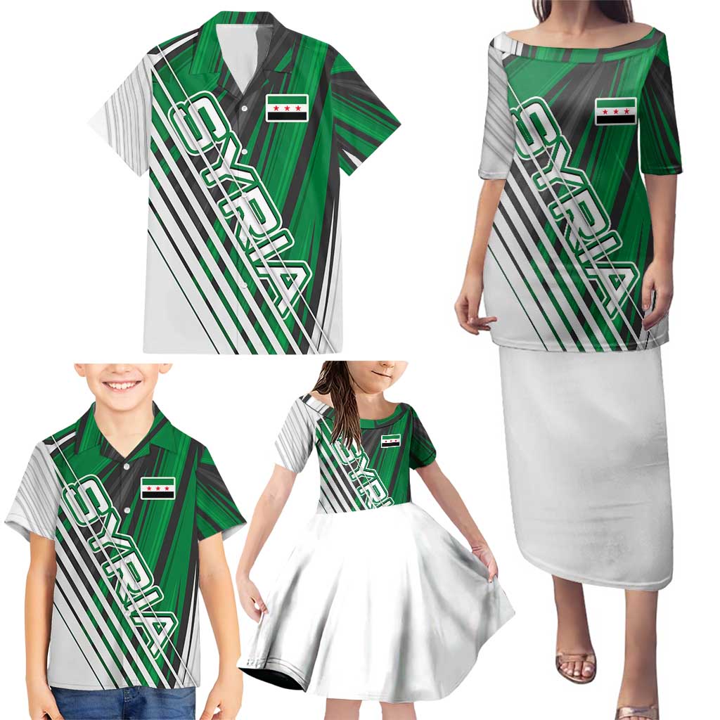 Modern Syria Flag Family Matching Puletasi and Hawaiian Shirt with Green and Black Diagonal Stripe Design
