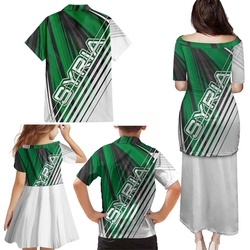 Modern Syria Flag Family Matching Puletasi and Hawaiian Shirt with Green and Black Diagonal Stripe Design