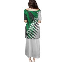 Modern Syria Flag Family Matching Puletasi and Hawaiian Shirt with Green and Black Diagonal Stripe Design
