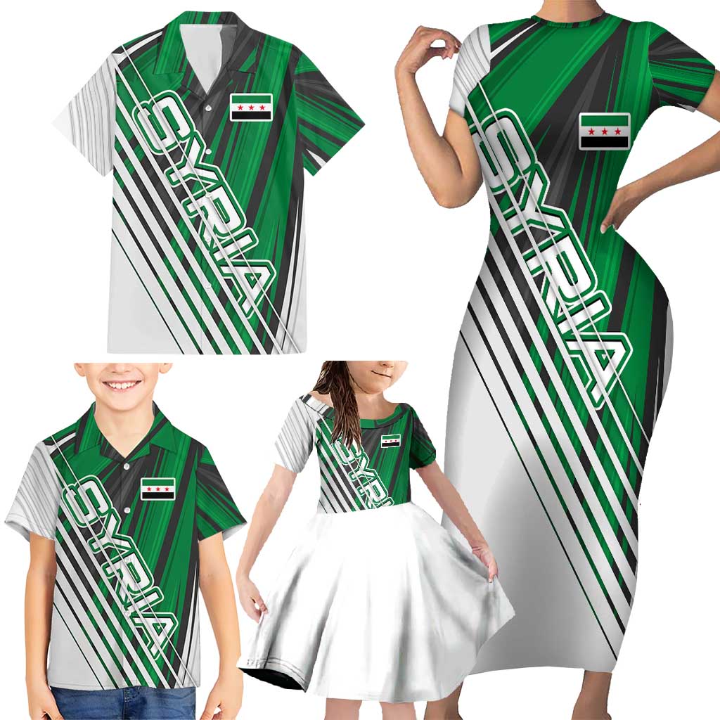 Modern Syria Flag Family Matching Short Sleeve Bodycon Dress and Hawaiian Shirt with Green and Black Diagonal Stripe Design