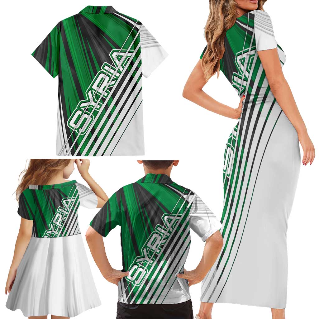 Modern Syria Flag Family Matching Short Sleeve Bodycon Dress and Hawaiian Shirt with Green and Black Diagonal Stripe Design