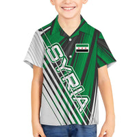 Modern Syria Flag Family Matching Short Sleeve Bodycon Dress and Hawaiian Shirt with Green and Black Diagonal Stripe Design
