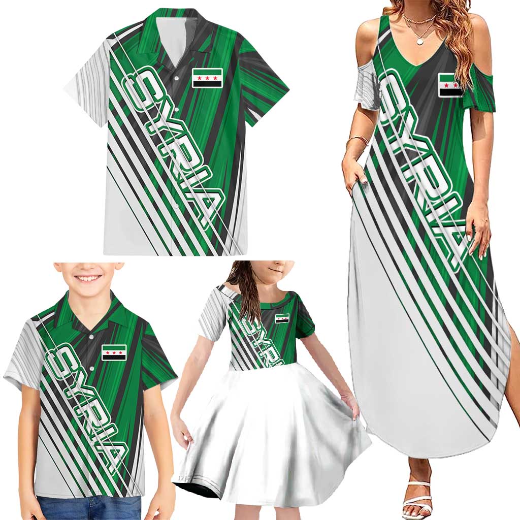 Modern Syria Flag Family Matching Summer Maxi Dress and Hawaiian Shirt with Green and Black Diagonal Stripe Design